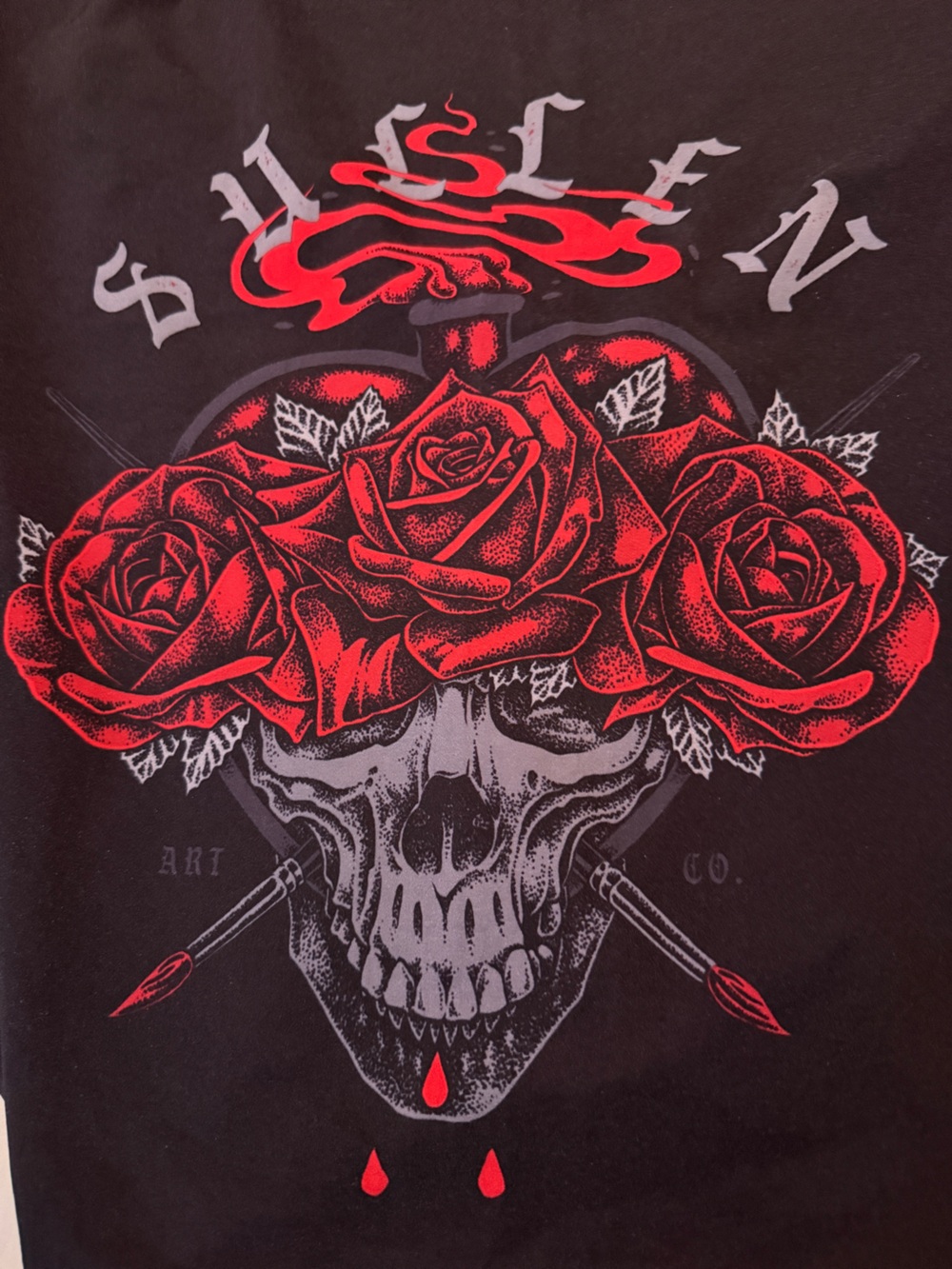 Men's Black Graphic Skull & Red Rose T-Shirt